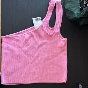 Divided Pink Asymmetrical Ribbed Tank Top